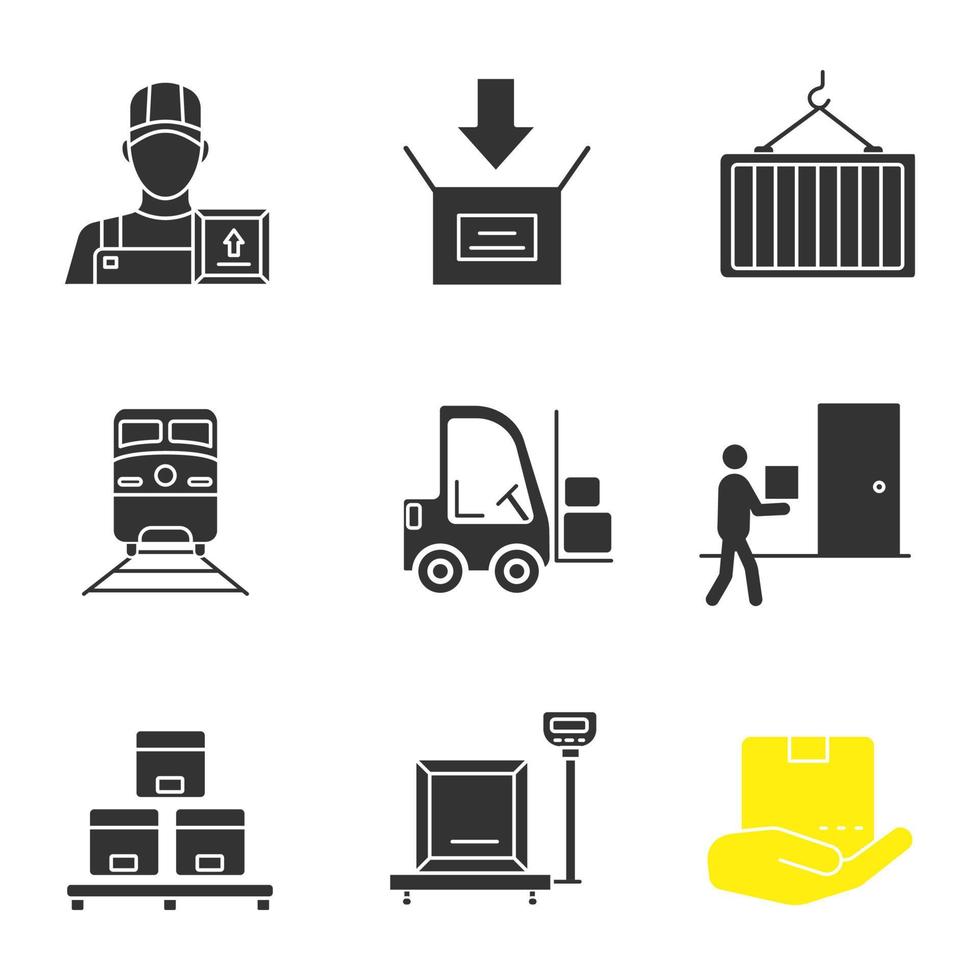 Cargo shipping glyph icons set. Loader man, parcel packing, intermodal container, train, forklift, courier, warehouse, scales, cargo insurance. Silhouette symbols. Vector isolated illustration