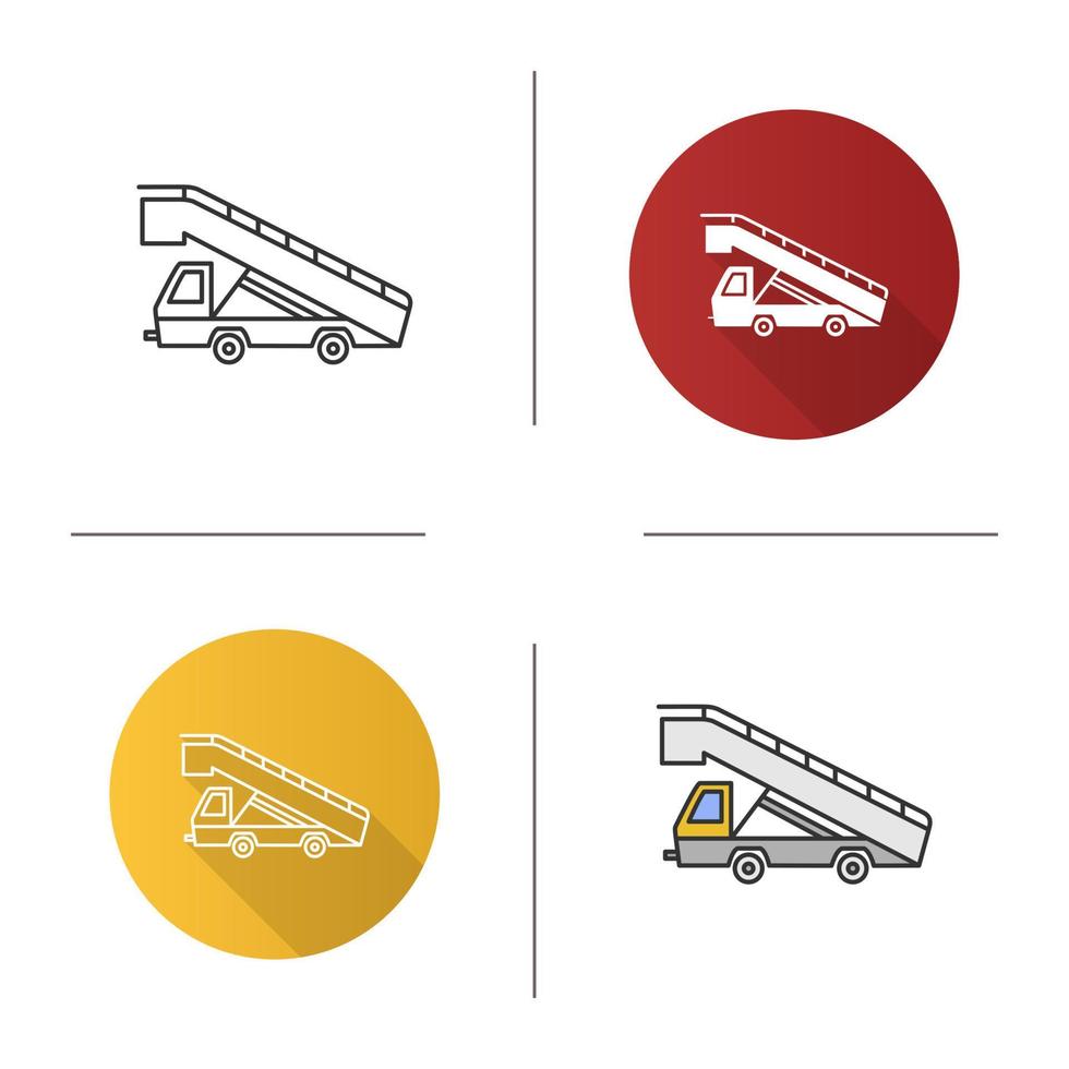 Stair truck icon. Airstair. Passenger gangway. Flat design, linear and color styles. Isolated vector illustrations