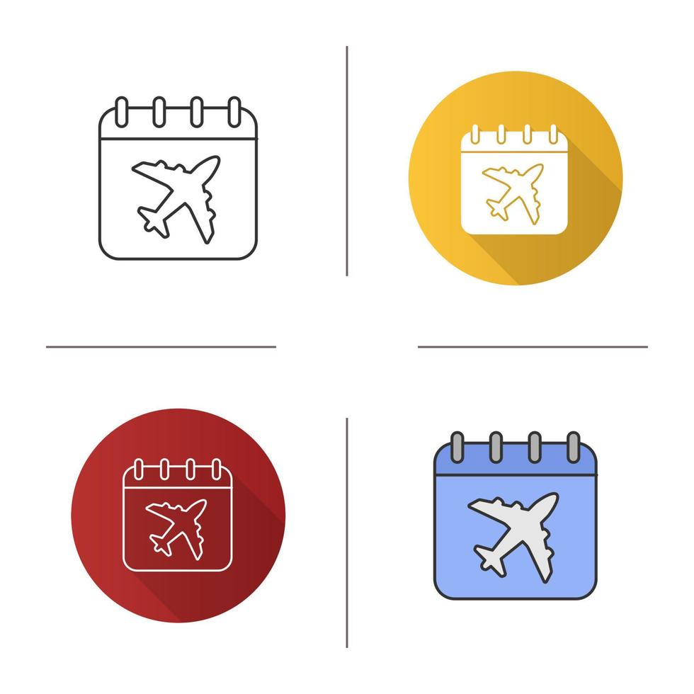 Flight date icon. Calendar page with airplane. Plane departure date. Flat design, linear and color styles. Isolated vector illustrations