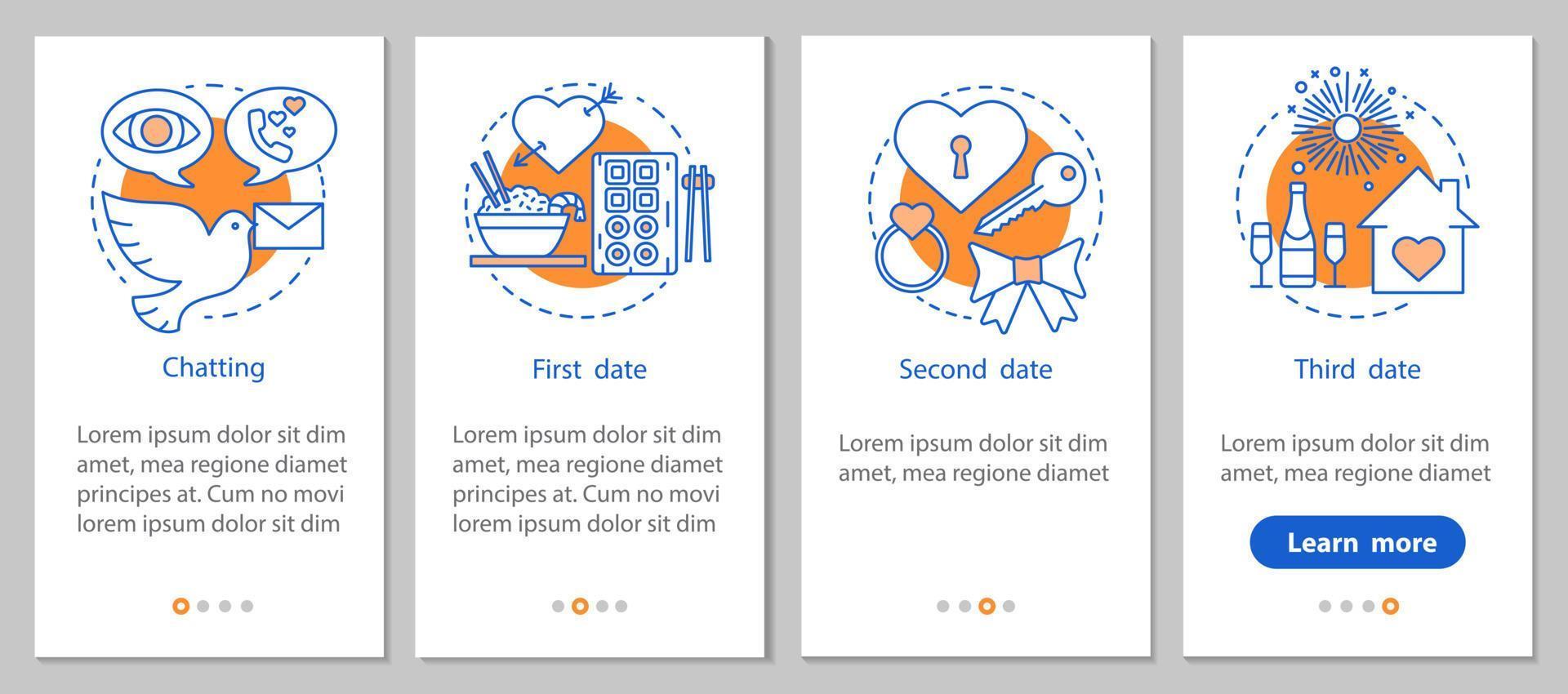 pantalla de la página de la aplicación móvil de incorporación de citas en línea con conceptos lineales. relaciones románticas pasos de desarrollo instrucciones gráficas. ux, ui, plantilla vectorial gui con ilustraciones vector