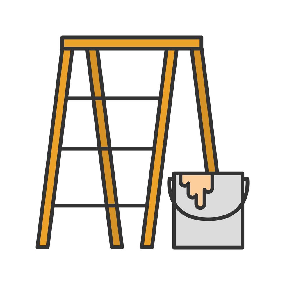 Scaffolding ladder with paint bucket color icon. Painting, dyeing. Isolated vector illustration