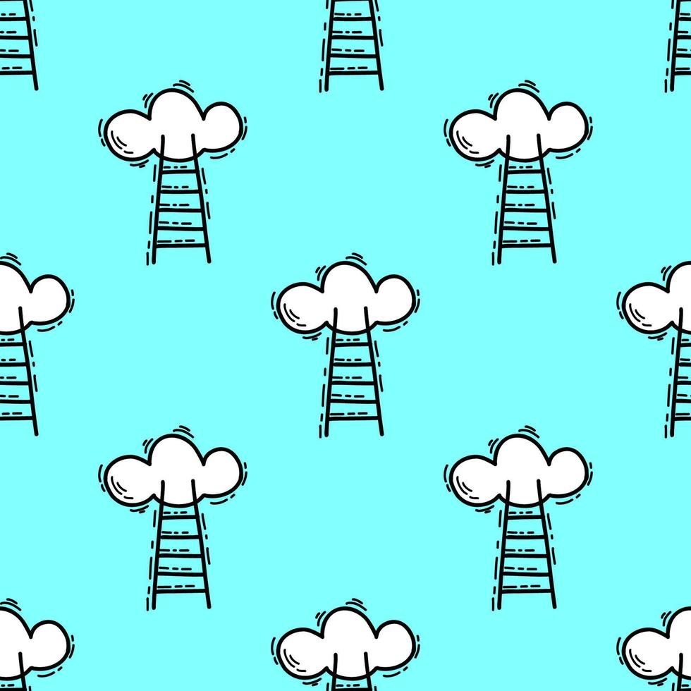 Seamless pattern with Illustration ladder to the cloud in a doodle style on blue background. vector