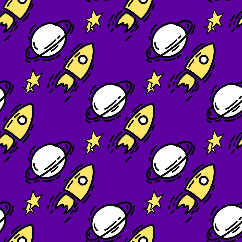 Seamless pattern with Illustration space rocket a doodle style black yellow color on blue background. vector