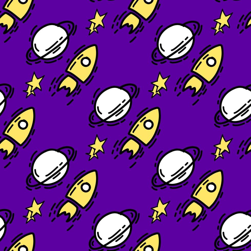 Seamless pattern with Illustration space rocket a doodle style black yellow color on blue background. vector