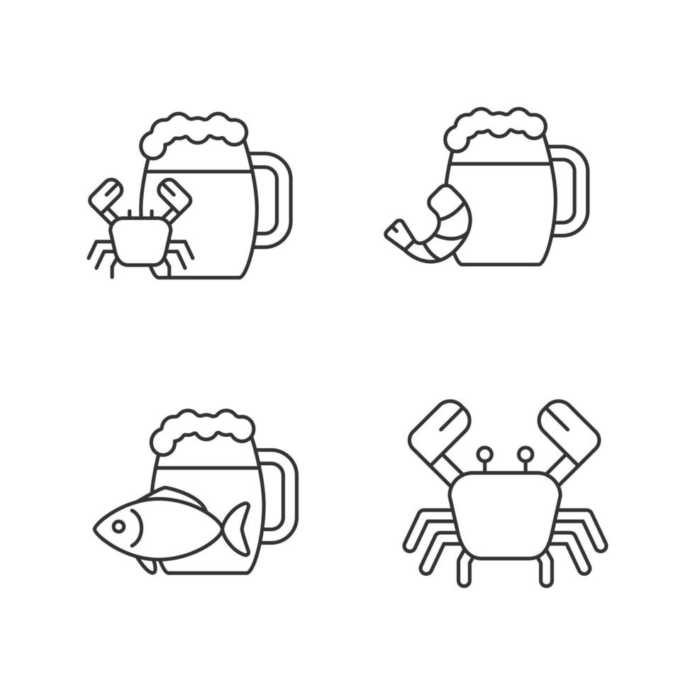 Beer seafood snacks linear icons set. Ale with fish, shrimp, crab. Thin line contour symbols. Isolated vector outline illustrations