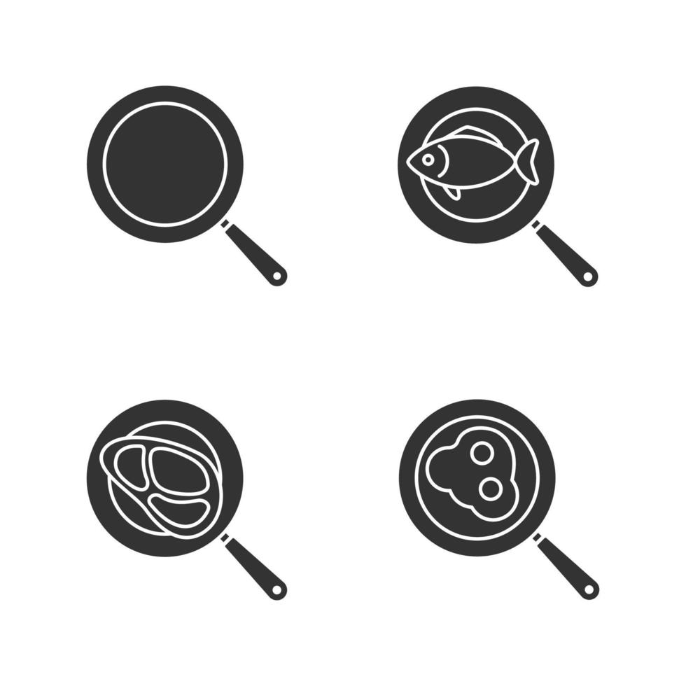 Frying pans glyph icons set. Fried fish, eggs and meat steak. Silhouette symbols. Vector isolated illustration