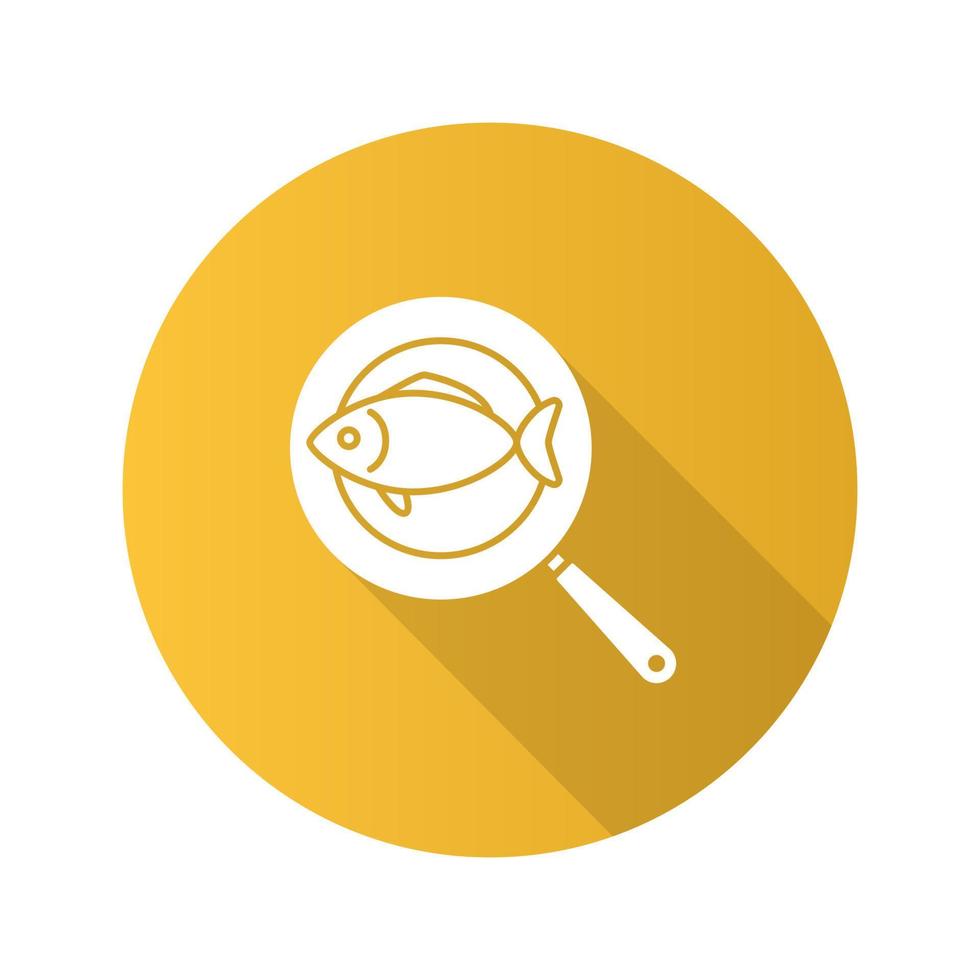 Fish on frying pan flat design long shadow glyph icon. Vector silhouette illustration