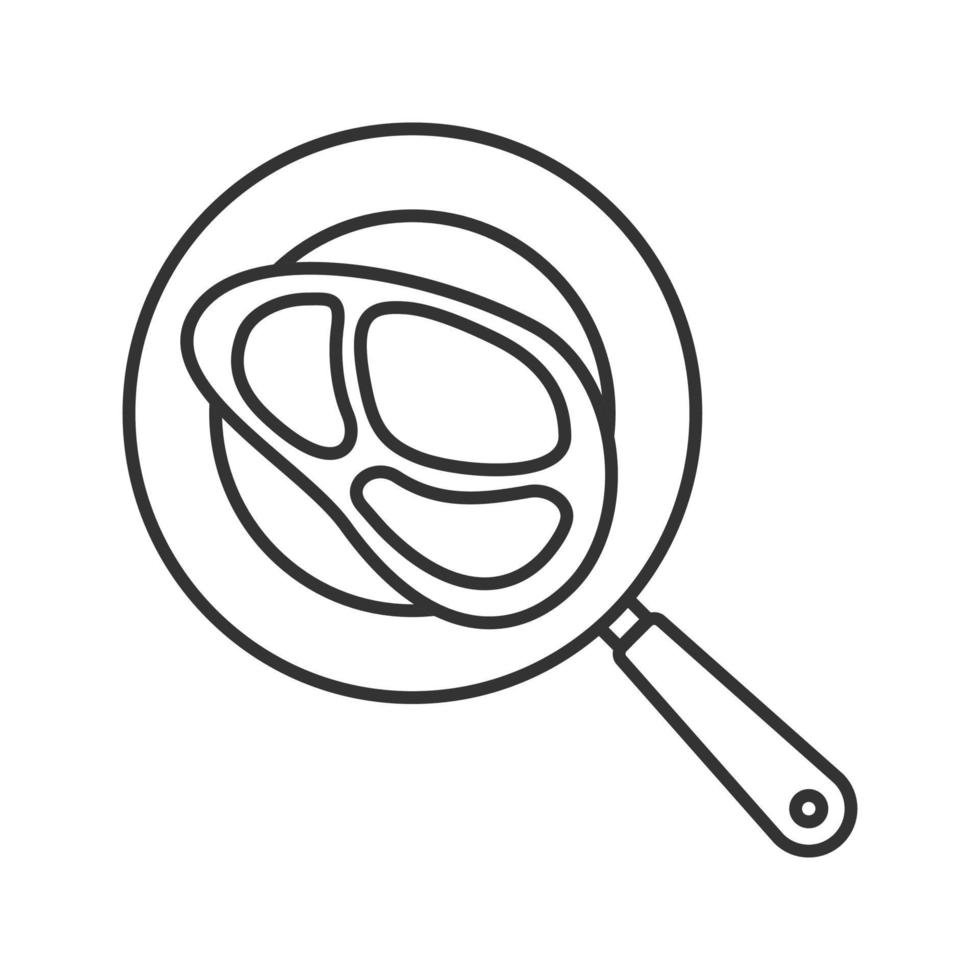 Steak on frying pan linear icon. Thin line illustration. Cooking beefsteak. Contour symbol. Vector isolated drawing