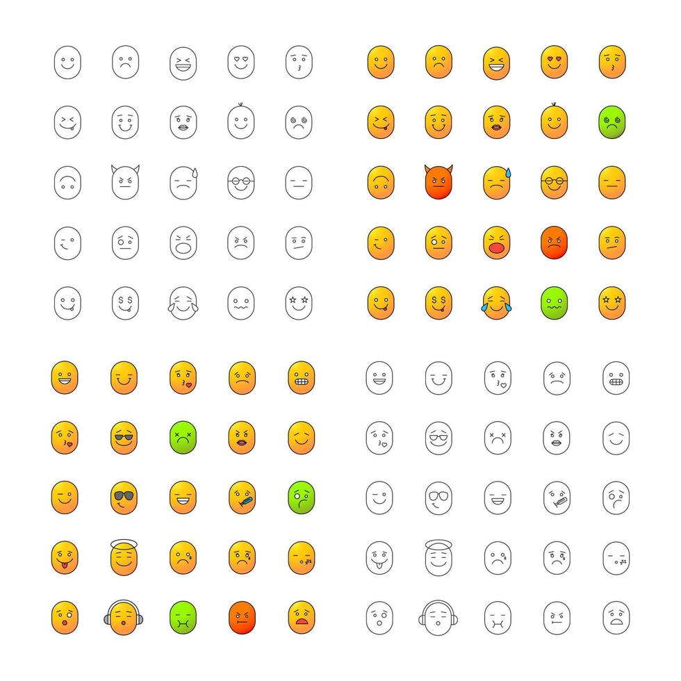 conjunto de iconos de sonrisas. emoticonos sentimientos, emociones. estilos lineales, de diseño plano, de color y de glifo. ilustraciones de vectores aislados