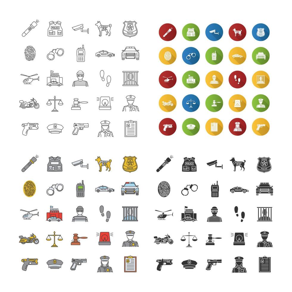 Police force icons set. Law enforcement. Transport, protection equipment, weapon. Linear, flat design, color and glyph styles. isolated vector illustrations