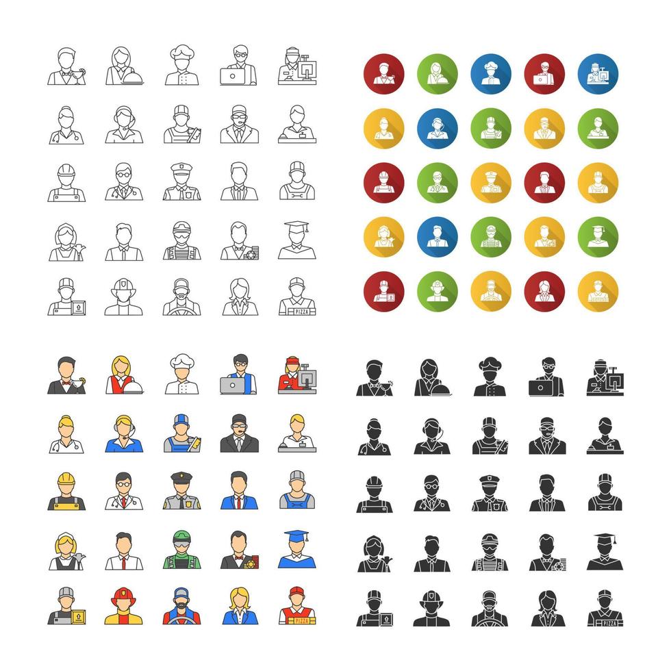 Professions icons set. Occupations. Workers. Linear, flat design, color and glyph styles. isolated vector illustrations