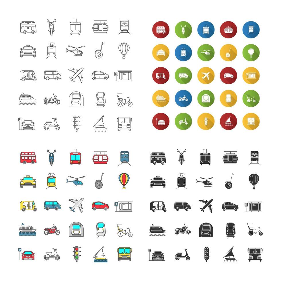 Public transport icons set. Water, land and air vehicles. Modes of transport. Linear, flat design, color and glyph styles. isolated vector illustrations