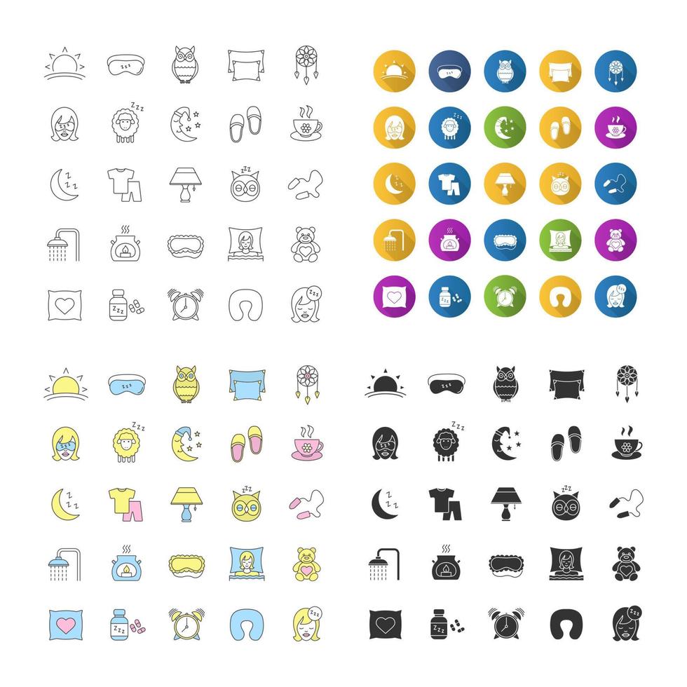 Sleeping accessories icons set. Linear, flat design, color and glyph styles. isolated vector illustrations