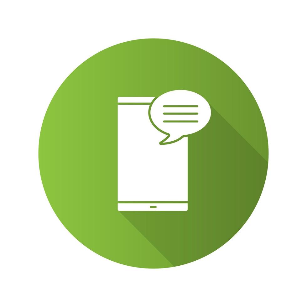 Smartphone with speech bubble flat design long shadow glyph icon. SMS, notification, message. Online chat. Forum. Vector silhouette illustration