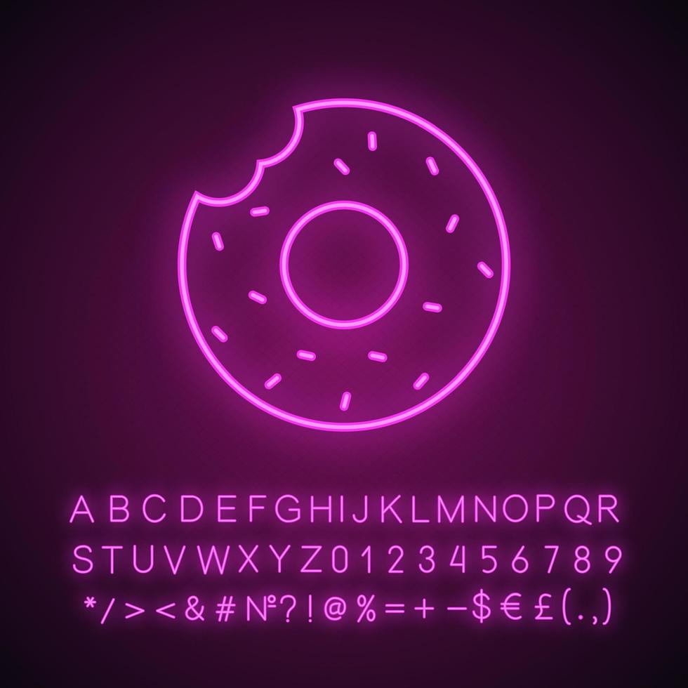 Bitten donut neon light icon. Bagel. Glowing sign with alphabet, numbers and symbols. Vector isolated illustration