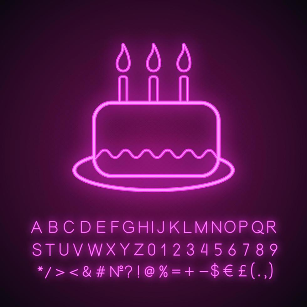 Birthday cake neon light icon. Glowing sign with alphabet, numbers and symbols. Vector isolated illustration