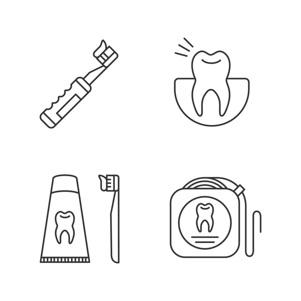 conjunto de iconos lineales de odontología. estomatología. dolor de muelas, cepillo de dientes eléctrico con pasta de dientes, dentífrico, hilo dental. símbolos de contorno de línea delgada. Ilustraciones de vectores aislados