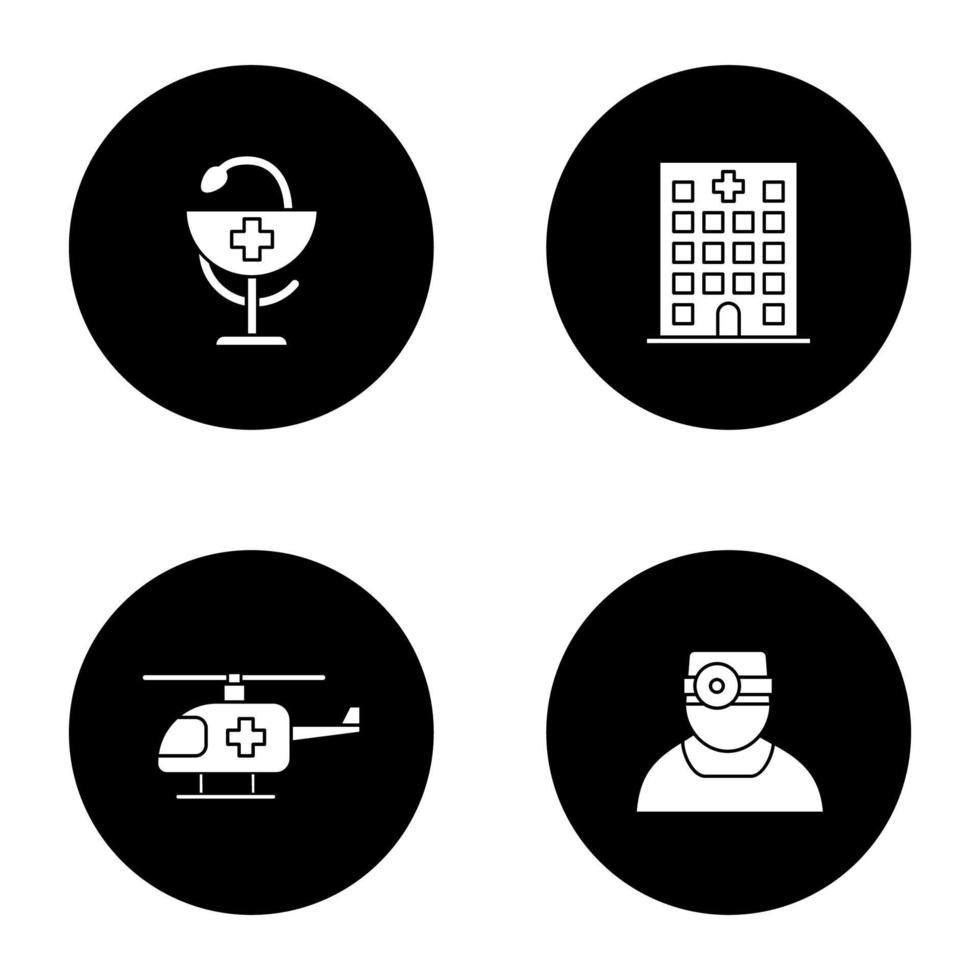 Dentistry glyph icons set. Hospital, doctor, medical helicopter, bowl of Hygeia. Vector white silhouettes illustrations in black circles