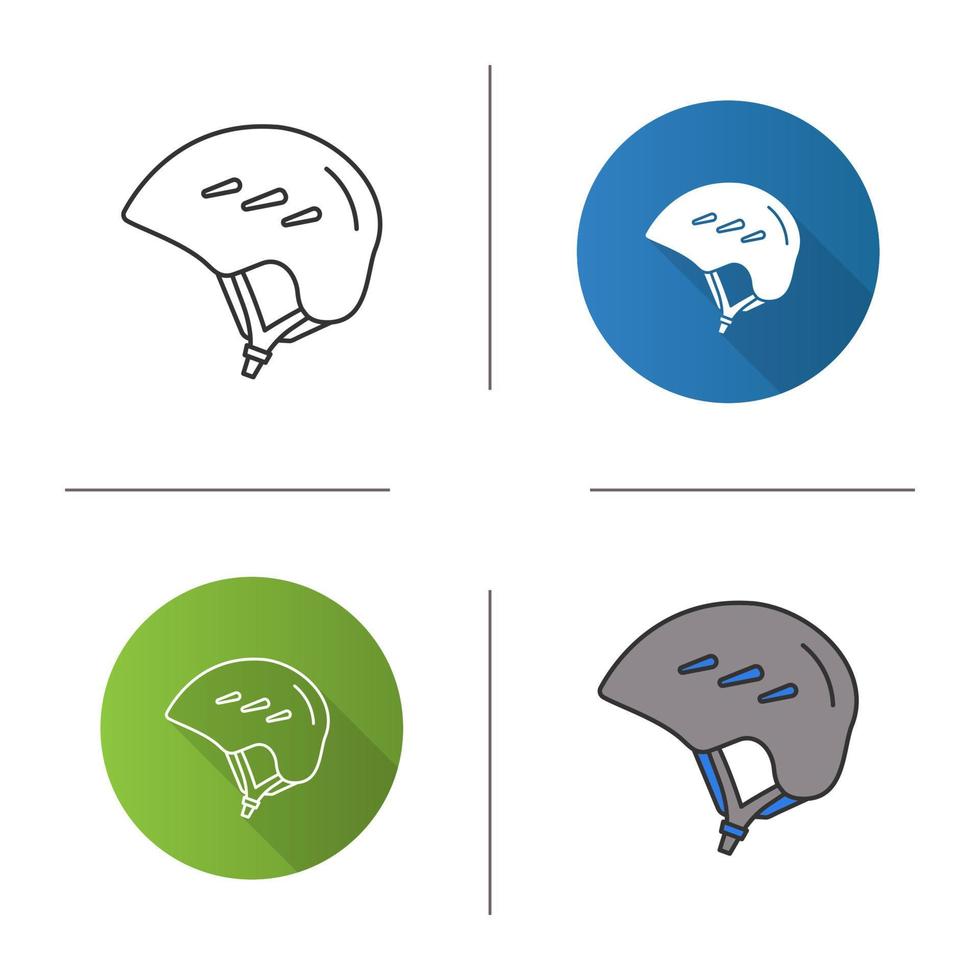 Ski and snowboard helmet icon. Bicycle safety hat. Flat design, linear and color styles. Isolated vector illustrations