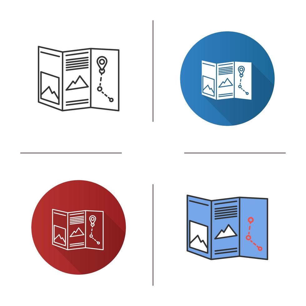 icono de mapa de papel. folleto del complejo. Guía turístico. Diseño plano, estilos lineales y de color. ilustraciones de vectores aislados