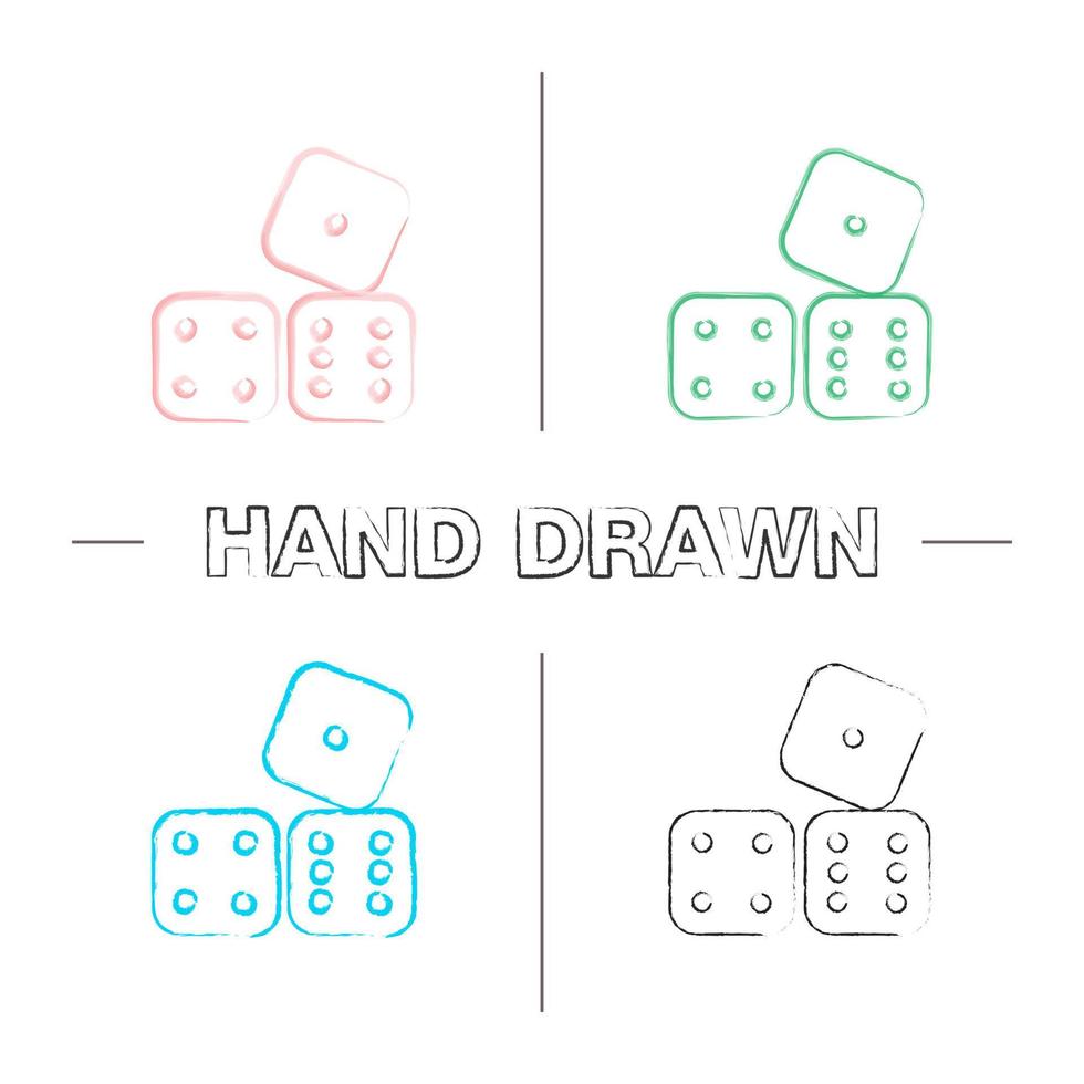 Juego de iconos dibujados a mano en dados. teoría de probabilidad. juego. trazo de pincel de color. Ilustraciones de sketch vector isolated