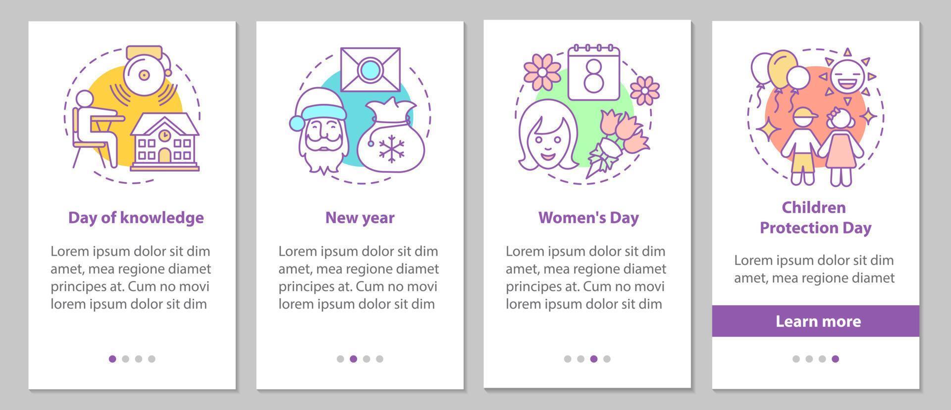 Seasonal holidays onboarding mobile app page screen with linear concepts. Back to school, March 8th, New Year, Children protection day steps graphic. UX, UI, GUI vector template with illustrations