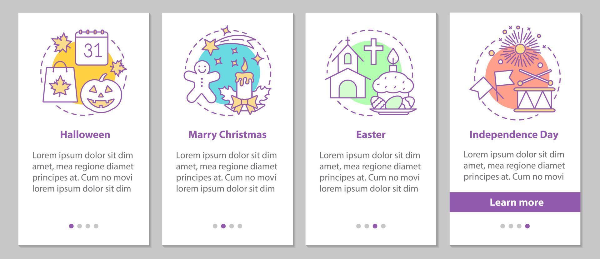 Seasonal holidays onboarding mobile app page screen with linear concepts. Halloween, Easter, Independence Day, Christmas steps graphic instructions. UX, UI, GUI vector template with illustrations