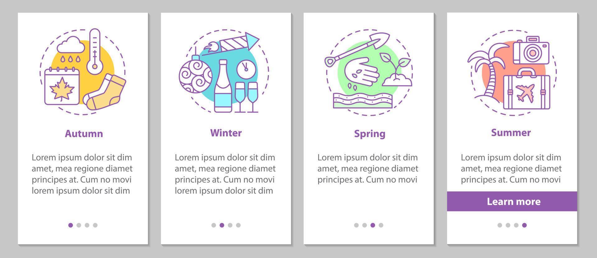 pantalla de la página de la aplicación móvil de incorporación de cuatro estaciones con conceptos lineales. invierno, otoño, primavera, verano pasos instrucciones gráficas. ux, ui, plantilla vectorial gui con ilustraciones vector