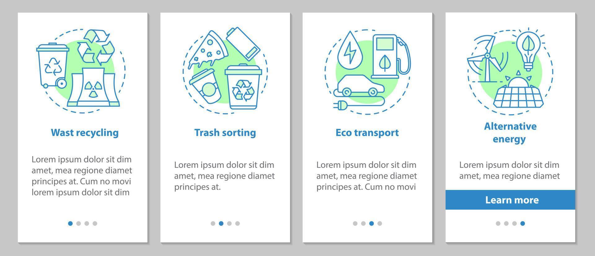 Environment protection onboarding mobile app page screen with linear concepts. Trash sorting, waste recycling, alternative energy graphic instructions. UX, UI, GUI vector template with illustrations