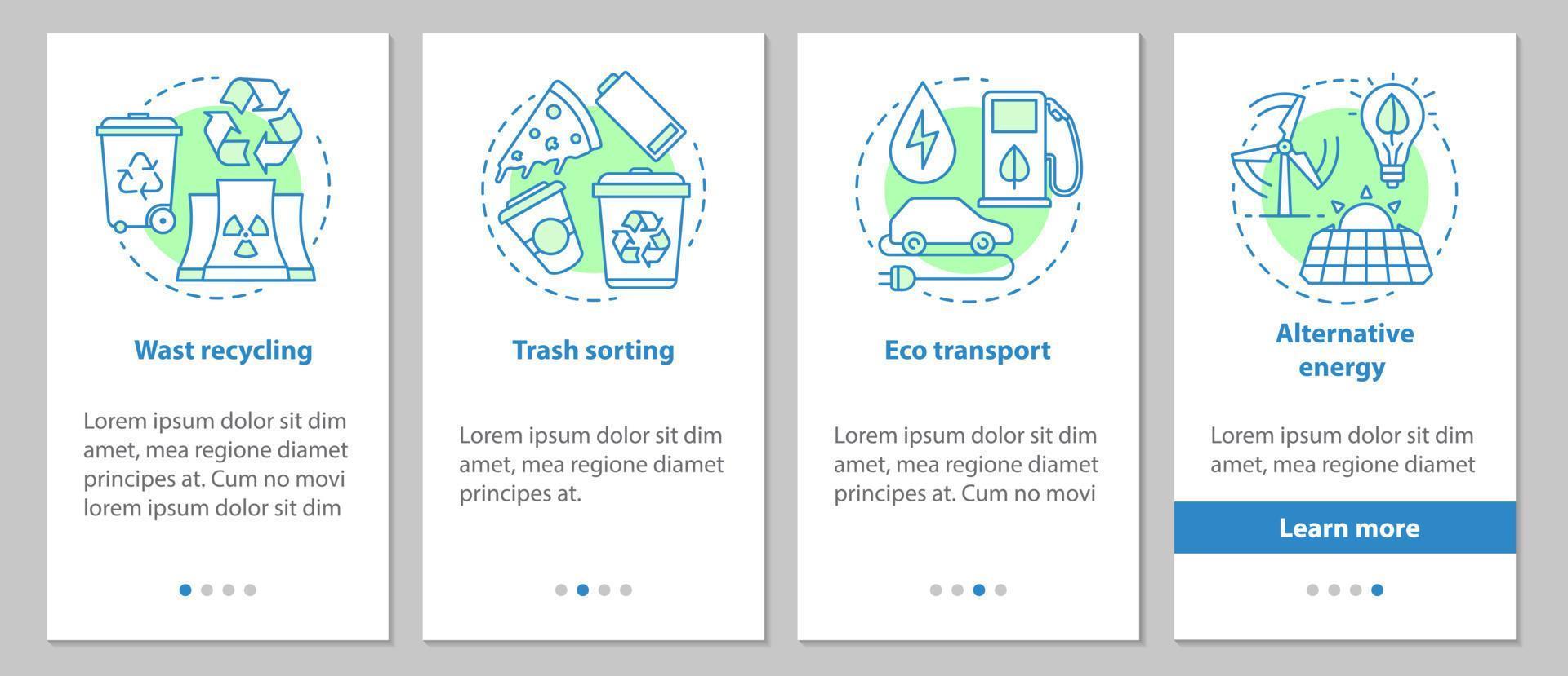 protección del medio ambiente incorporando la pantalla de la página de la aplicación móvil con conceptos lineales. clasificación de basura, reciclaje de residuos, instrucciones gráficas de energía alternativa. ux, ui, plantilla vectorial gui con ilustraciones vector