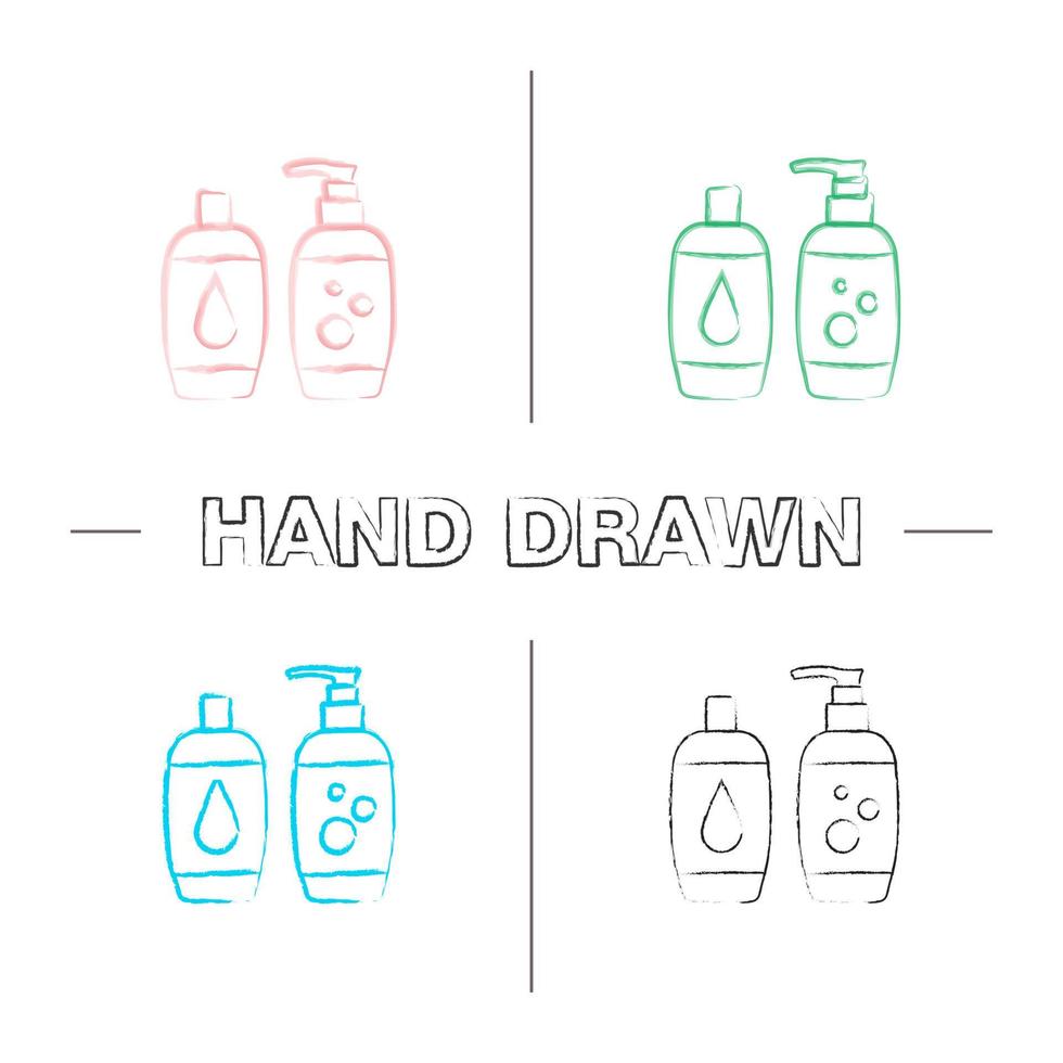 conjunto de iconos dibujados a mano de champú y espuma de baño. jabón y gel de ducha. productos de higiene. trazo de pincel de color. Ilustraciones de sketch vector isolated