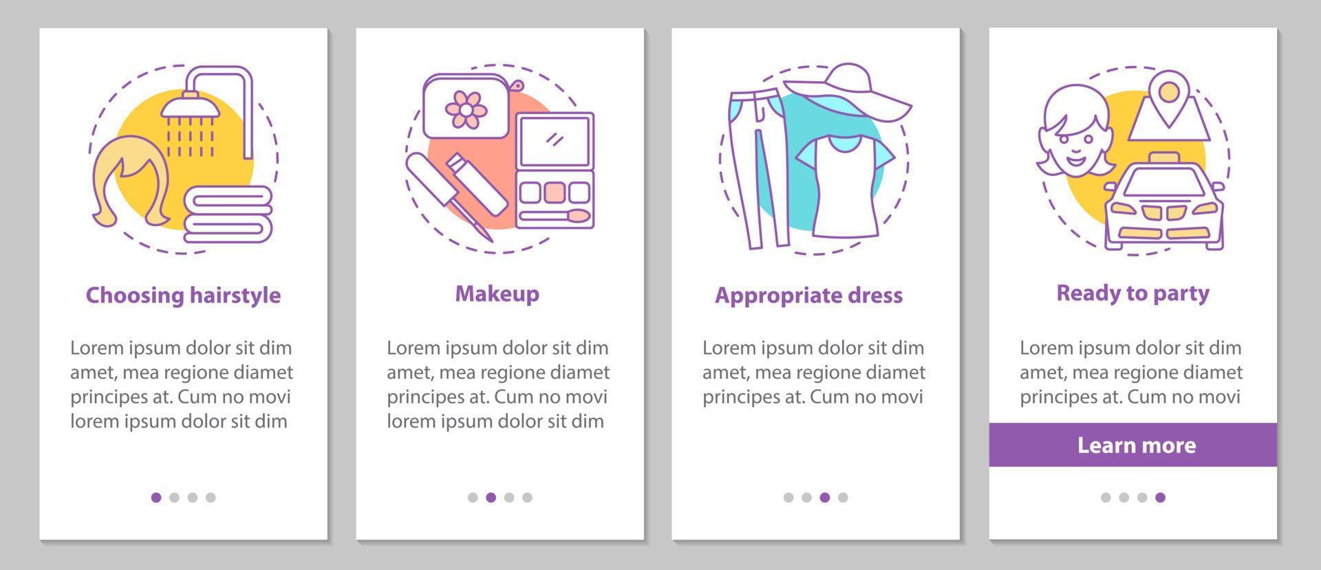 Getting ready for party onboarding mobile app page screen with concepts. Beauty salon steps graphic instructions. Appropriate hairstyle, makeup, dress. UX, UI, GUI vector template with illustrations