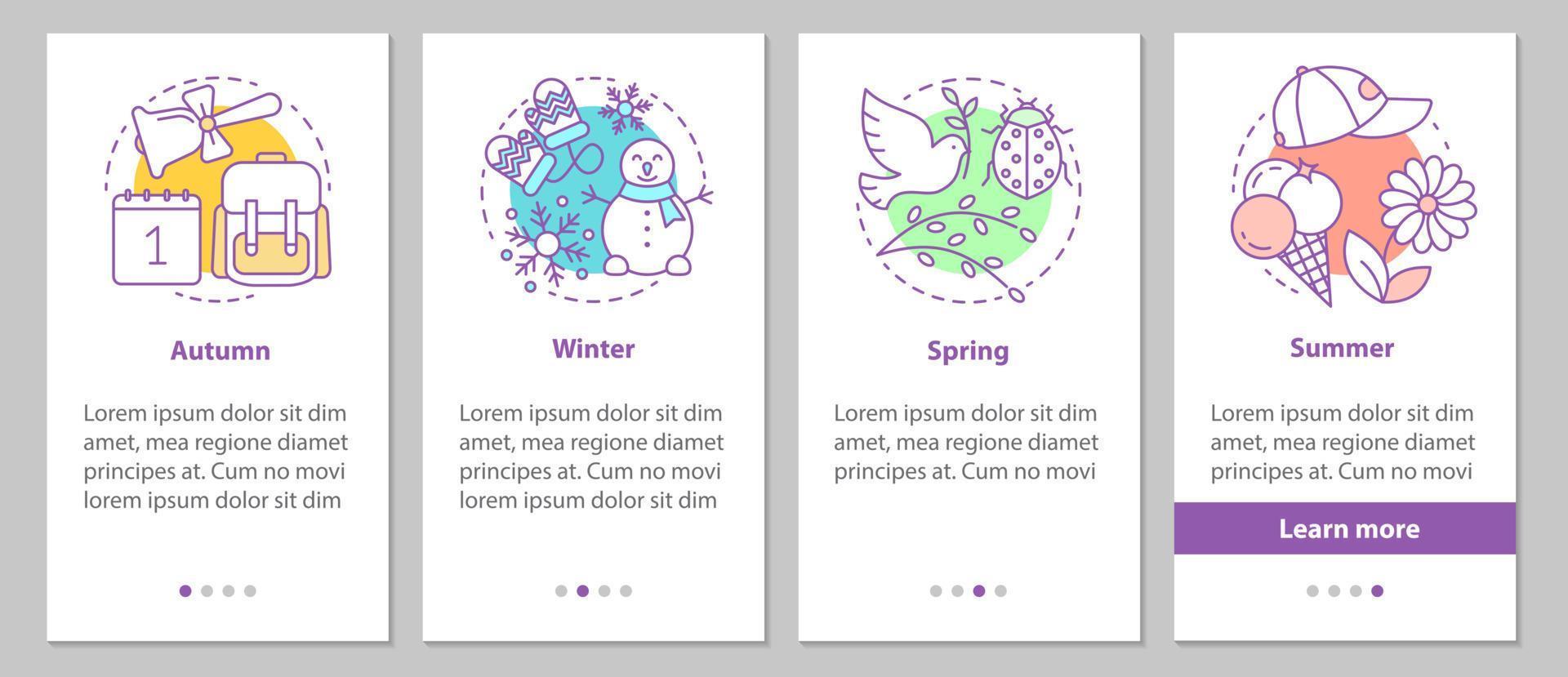 Four seasons onboarding mobile app page screen with linear concepts. Winter, autumn, spring, summer steps graphic instructions. UX, UI, GUI vector template with illustrations