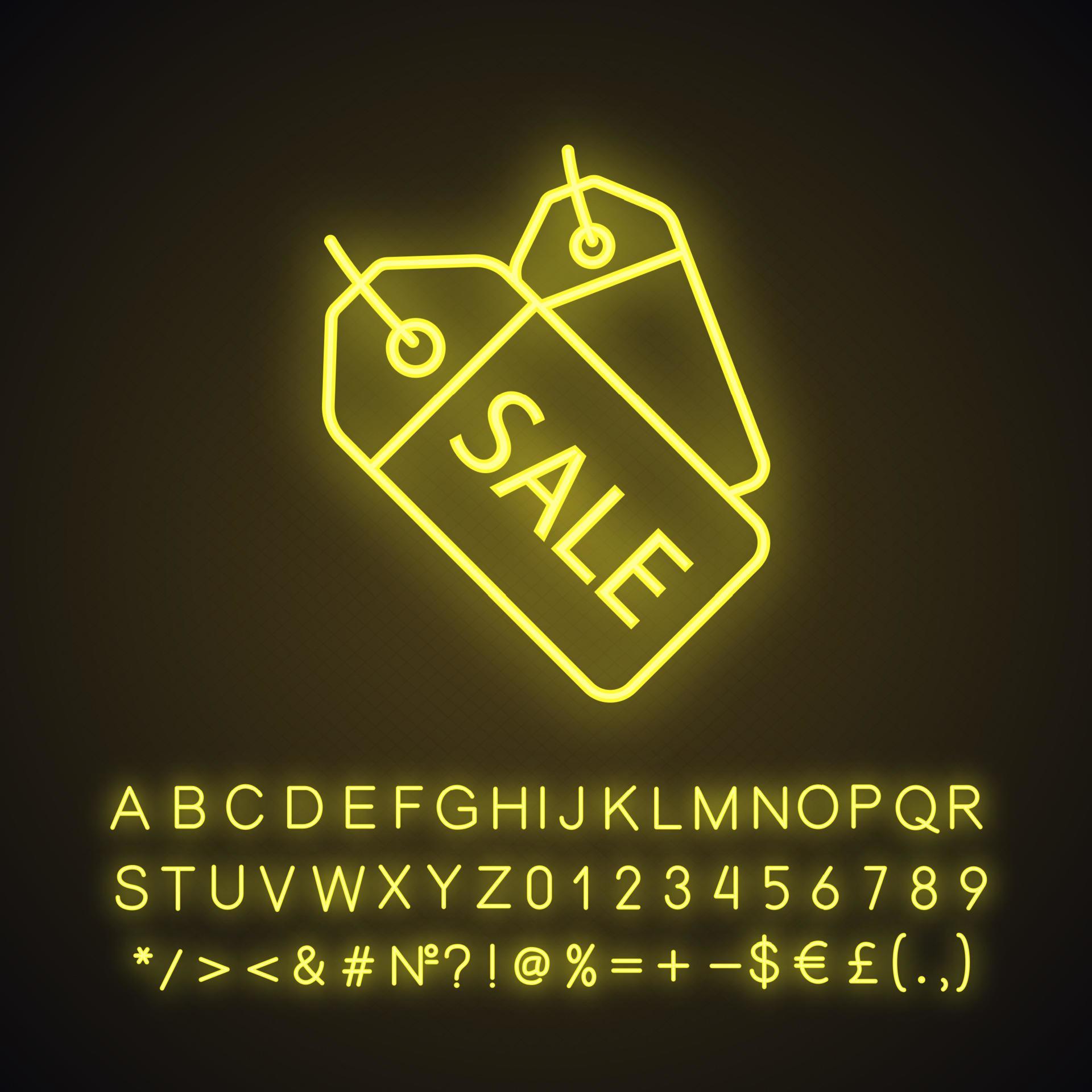 Price tags neon light icon. Store sale. Glowing sign with alphabet
