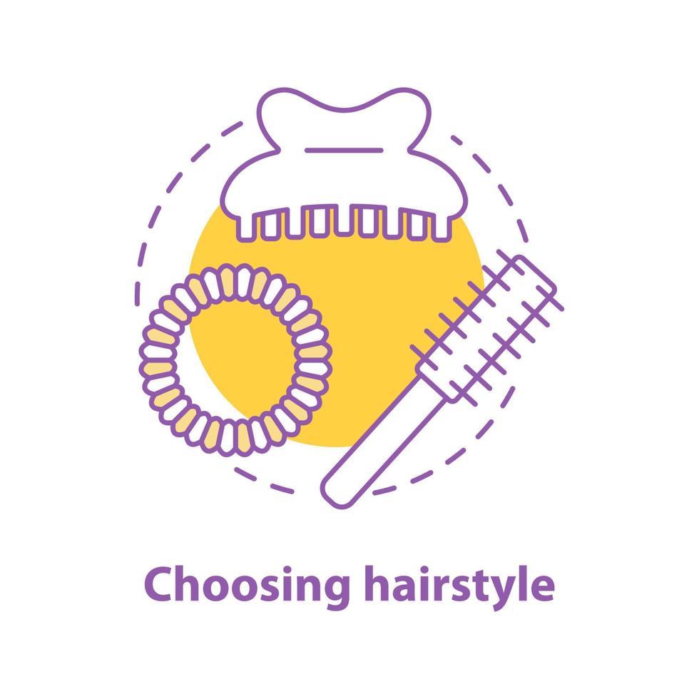 Choosing hairstyle concept icon. Hairdressing idea thin line illustration. Hair brush and claw clip, scrunchy. Vector isolated outline drawing