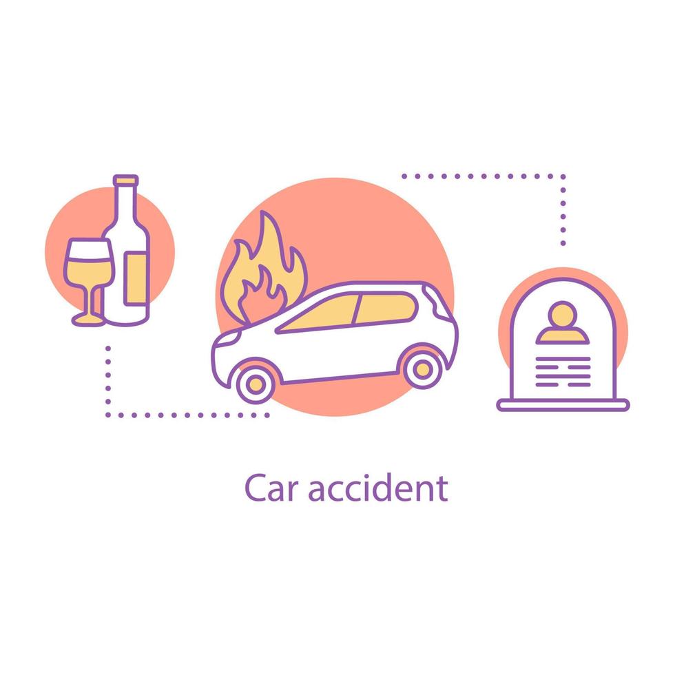 icono del concepto de accidente de coche. idea de muerte relacionada con el alcohol. ilustración de línea delgada. Recopilación de accidentes automovilísticos. dibujo de contorno aislado vectorial vector