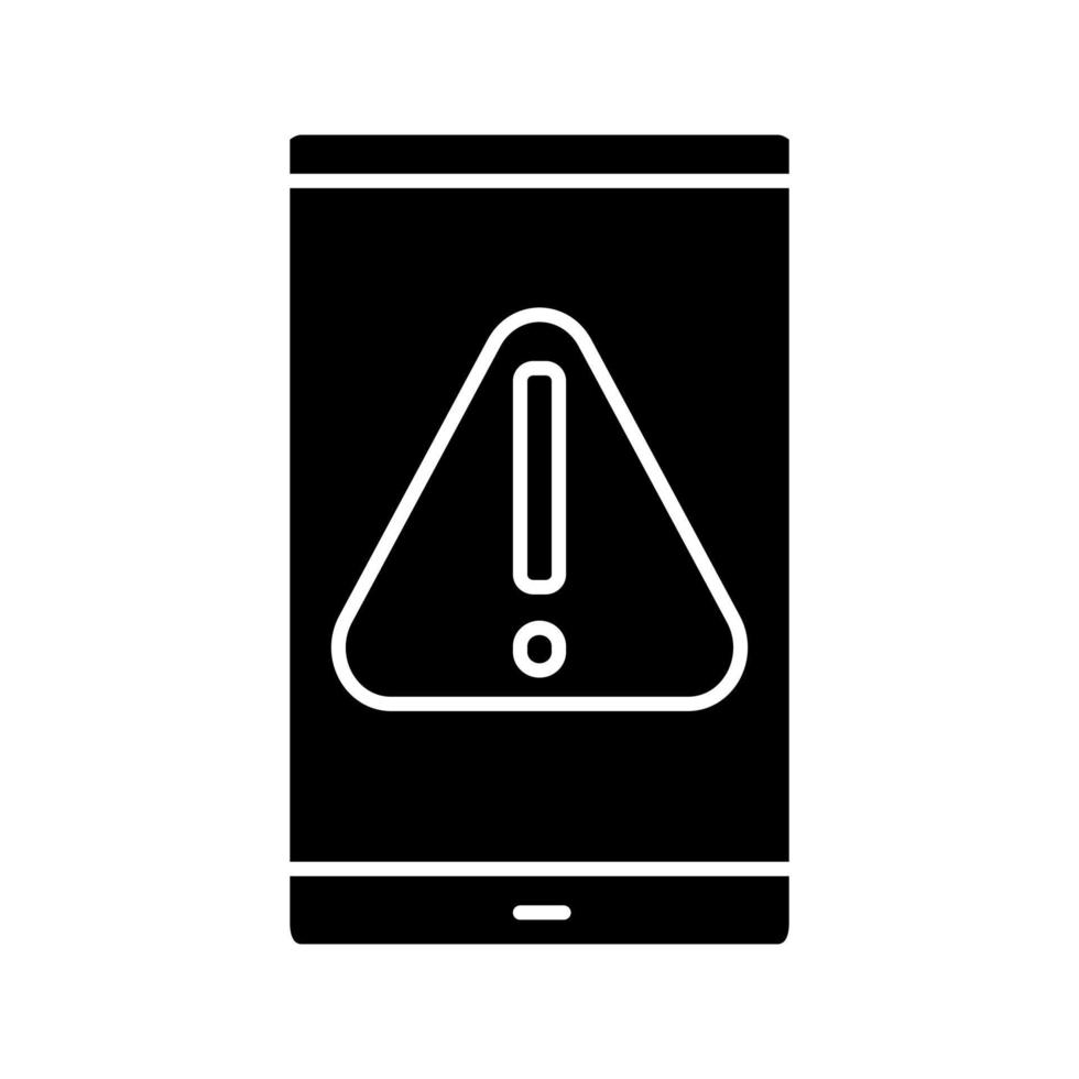 Smartphone error glyph icon. Warning notification. Mobile phone screen with exclamation mark. Silhouette symbol. Negative space. Vector isolated illustration