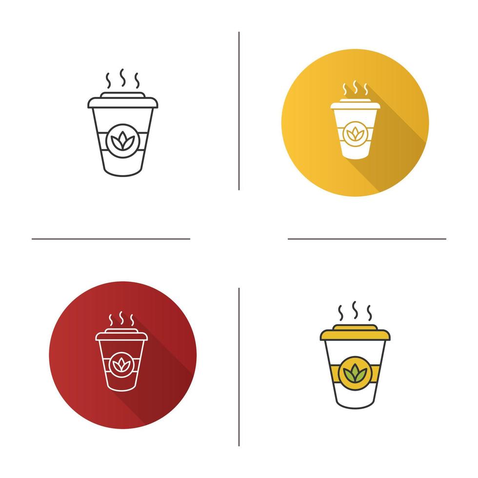 Tea to go icon. Detox drink. Disposable tea cup with lid. Flat design, linear and color styles. Isolated vector illustrations