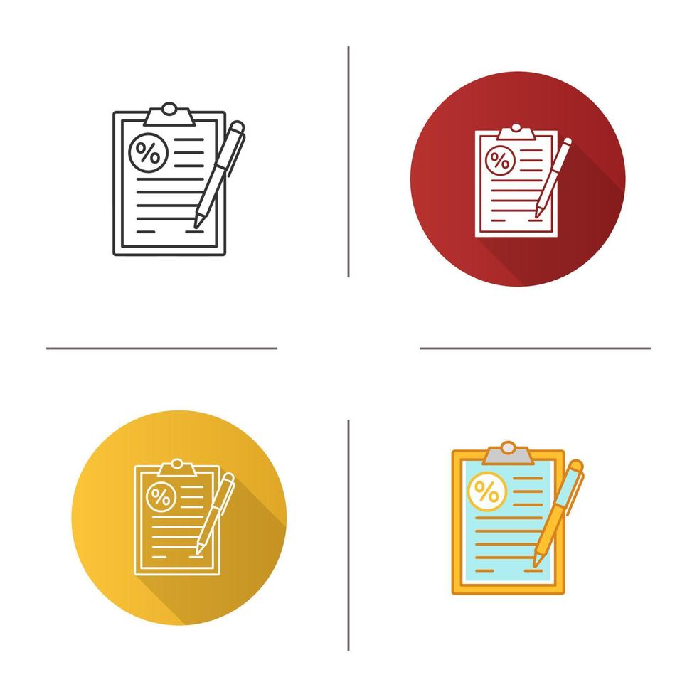 Loan agreement icon. Mortgage document. Paper sheet with percent. Flat design, linear and color styles. Isolated vector illustrations