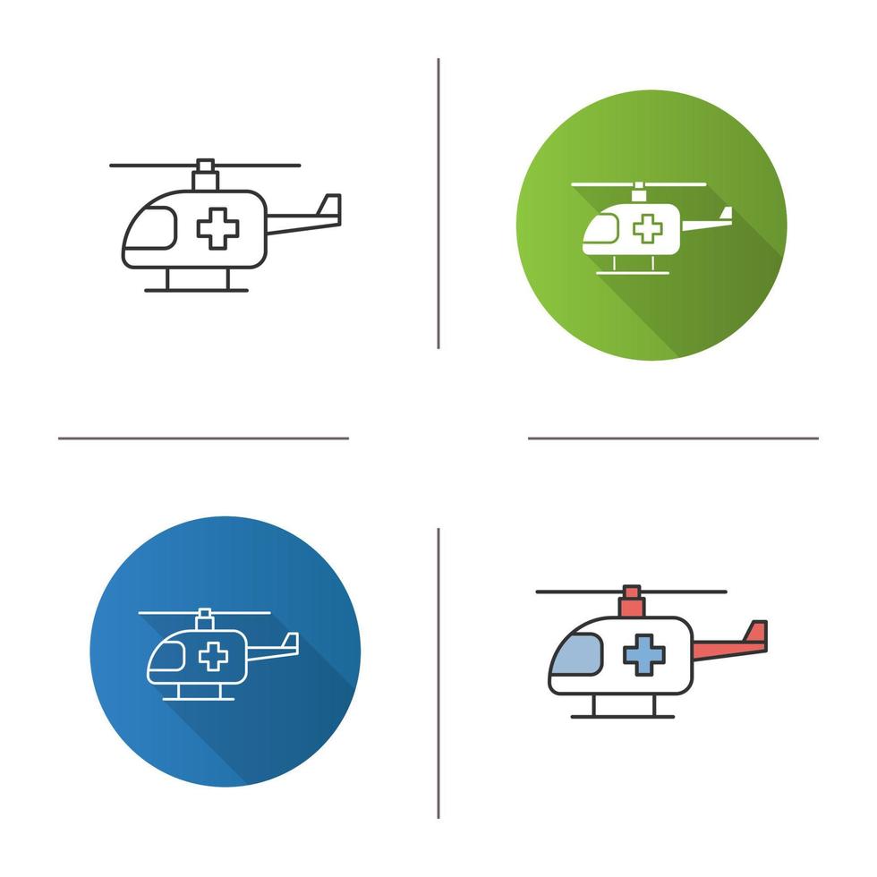 Medical helicopter icon. Air ambulance. Flat design, linear and color styles. Isolated vector illustrations