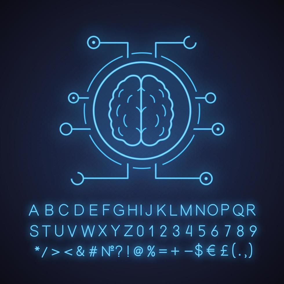 Neurotechnology neon light icon. Digital brain. Artificial intelligence. Glowing sign with alphabet, numbers and symbols. Vector isolated illustration