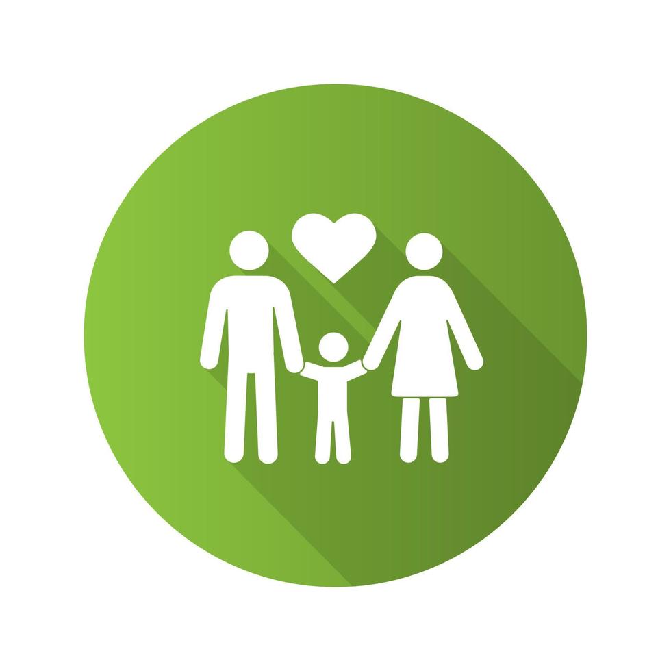 icono de glifo de sombra larga de diseño plano familiar. adopción. paternidad. madre, padre e hijo. ilustración de silueta vectorial vector