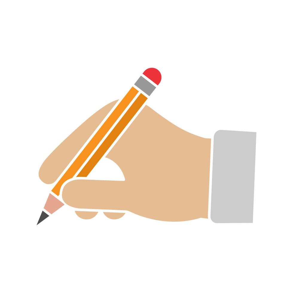 Hand holding pencil glyph color icon. Handwriting. Drawing. Taking notes. Silhouette symbol on white background with no outline. Negative space. Vector illustration