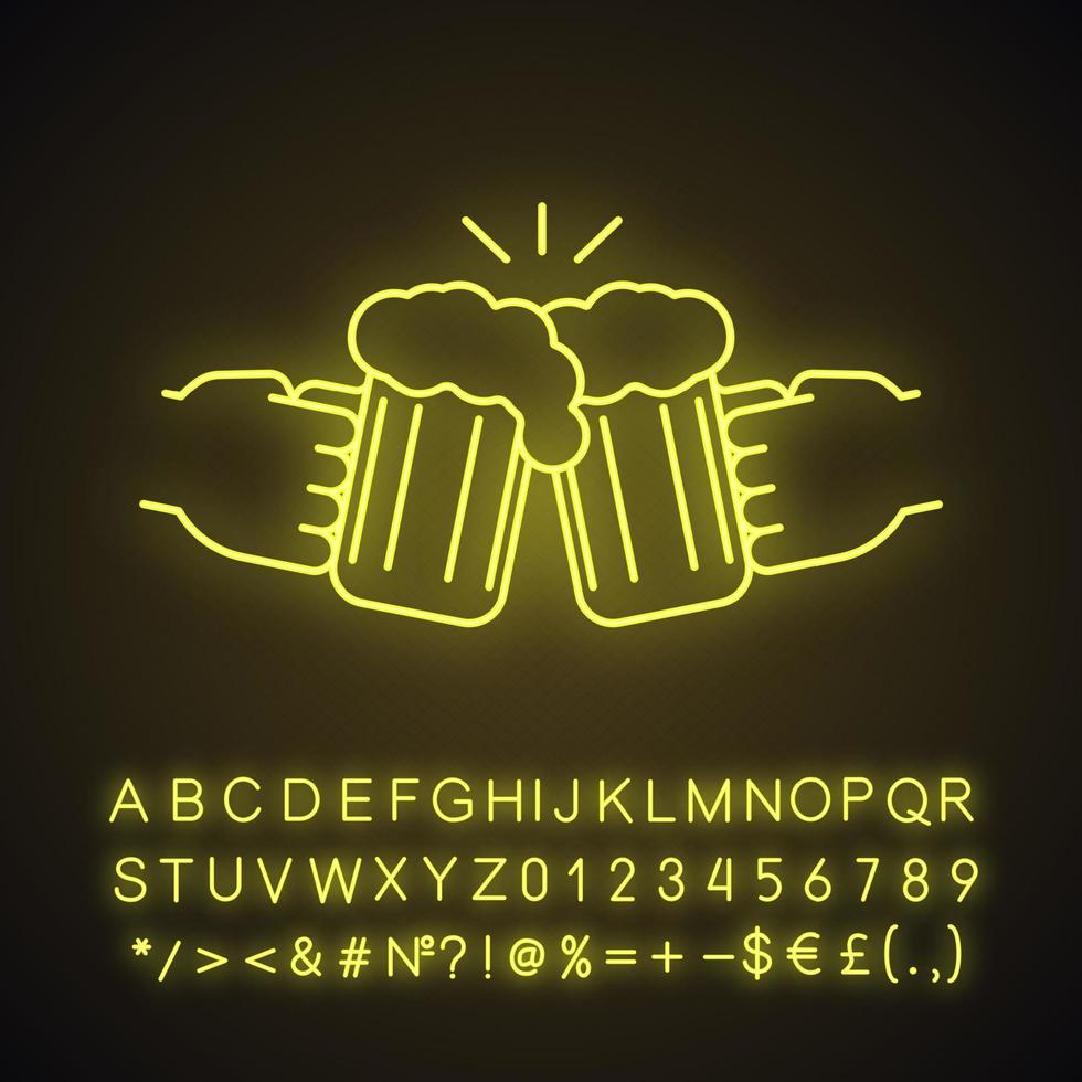 Toasting beer glasses in hands neon light icon. Cheers. Glowing sign with alphabet, numbers and symbols. Vector isolated illustration
