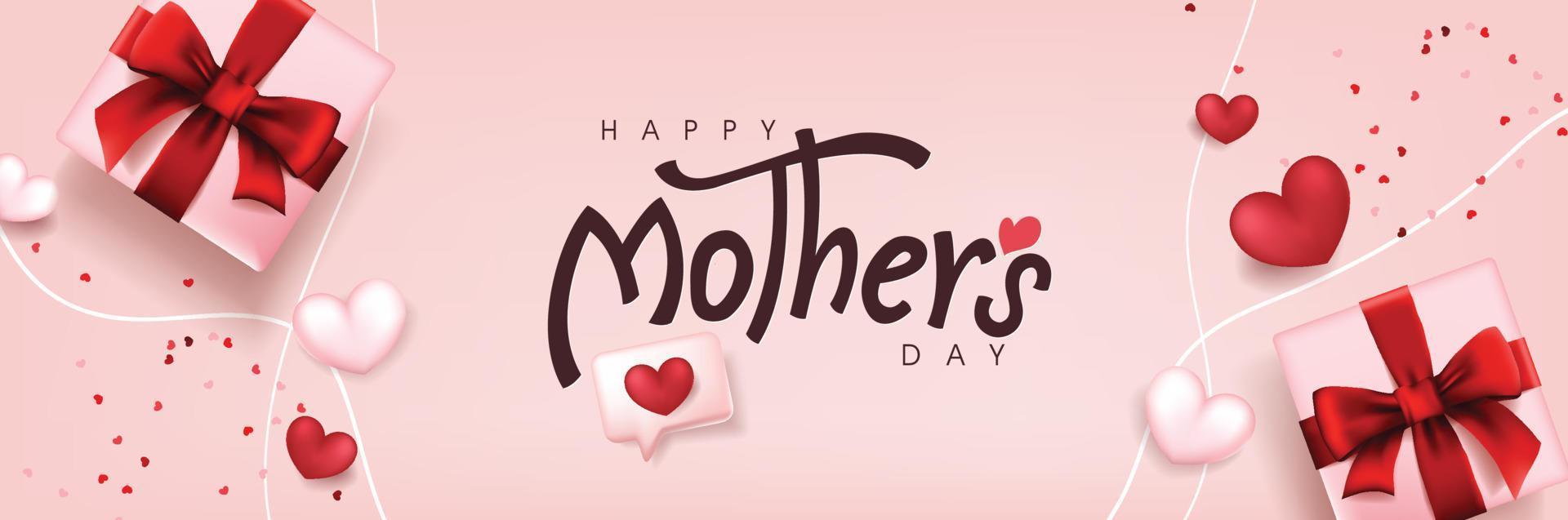 diseño de fondo de banner de póster del día de la madre con caja de regalo y globos en forma de corazón vector