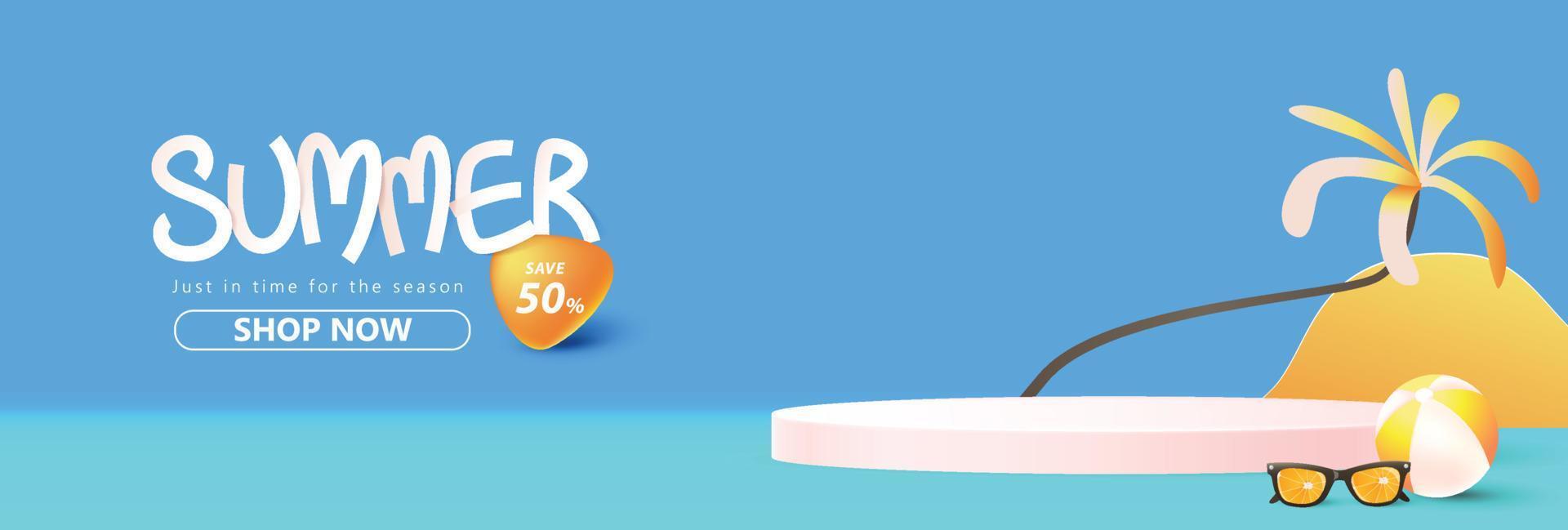 Summer sale banner template for promotion with product display cylindrical shape and beach background vector