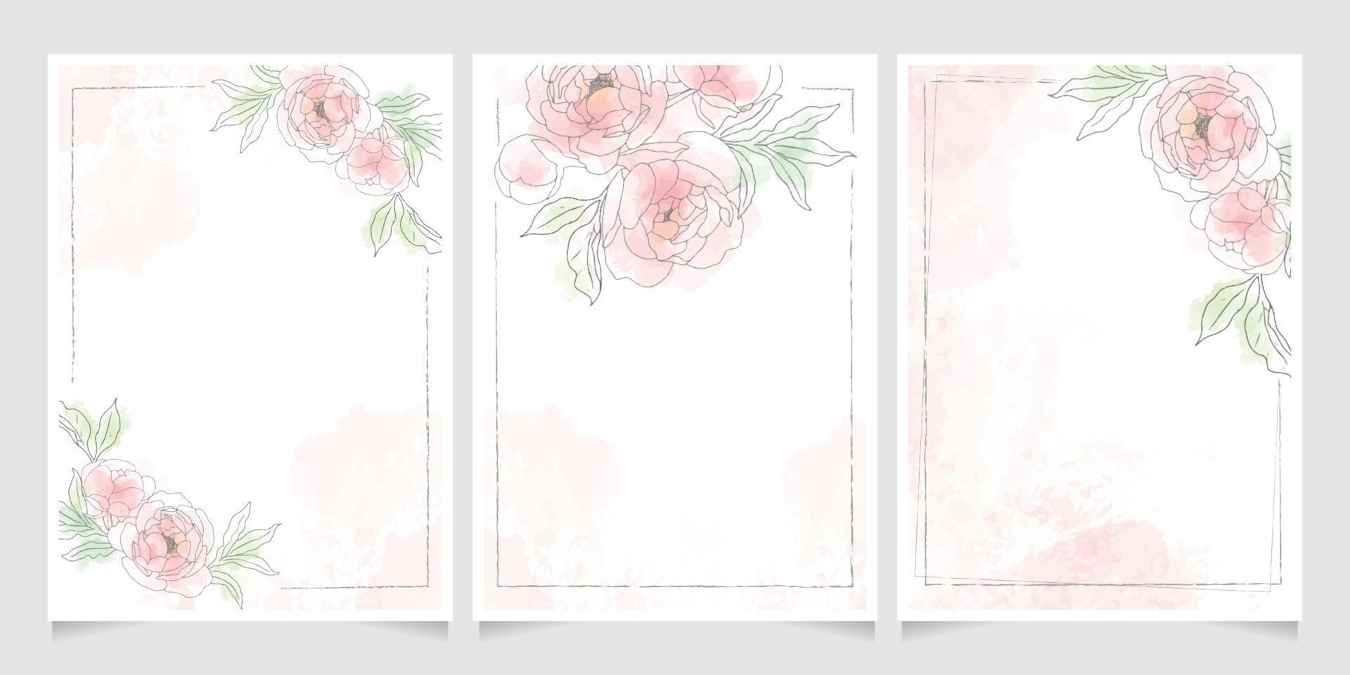 pink loose watercolor line art peony flower bouquet frame 5x7 invitation card wash splash background template collection vector