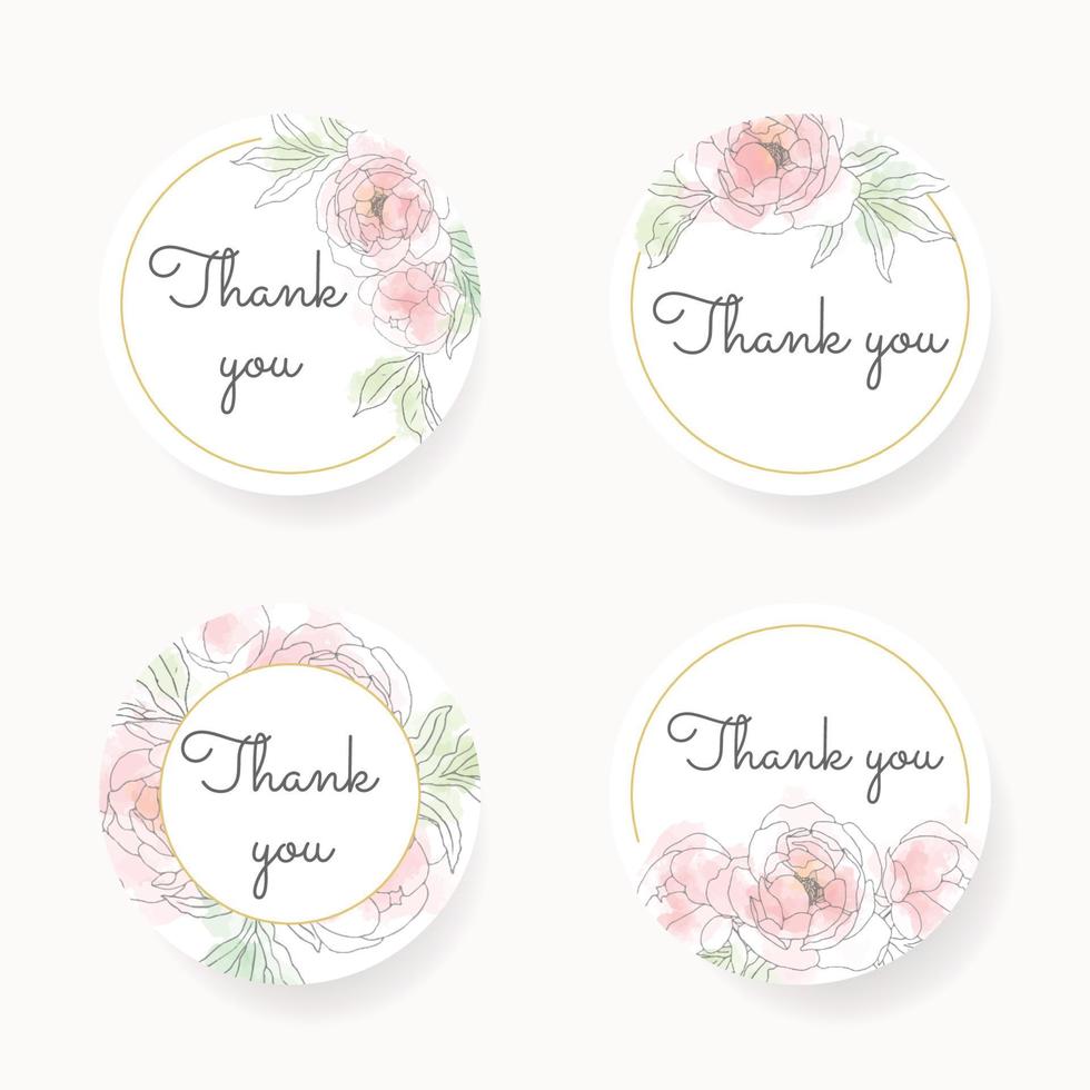loose line art poeny flower bouquet wreath with golden frame thank you sticker collection vector