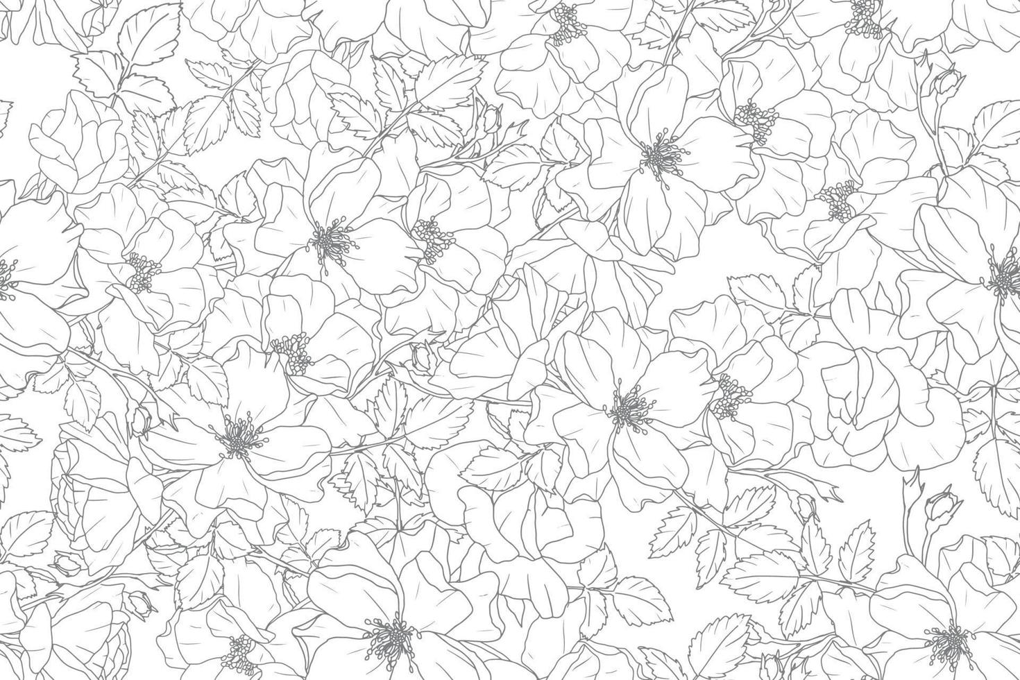 monochrome doodle line art rose flower bouquet repeat seamless pattern vector