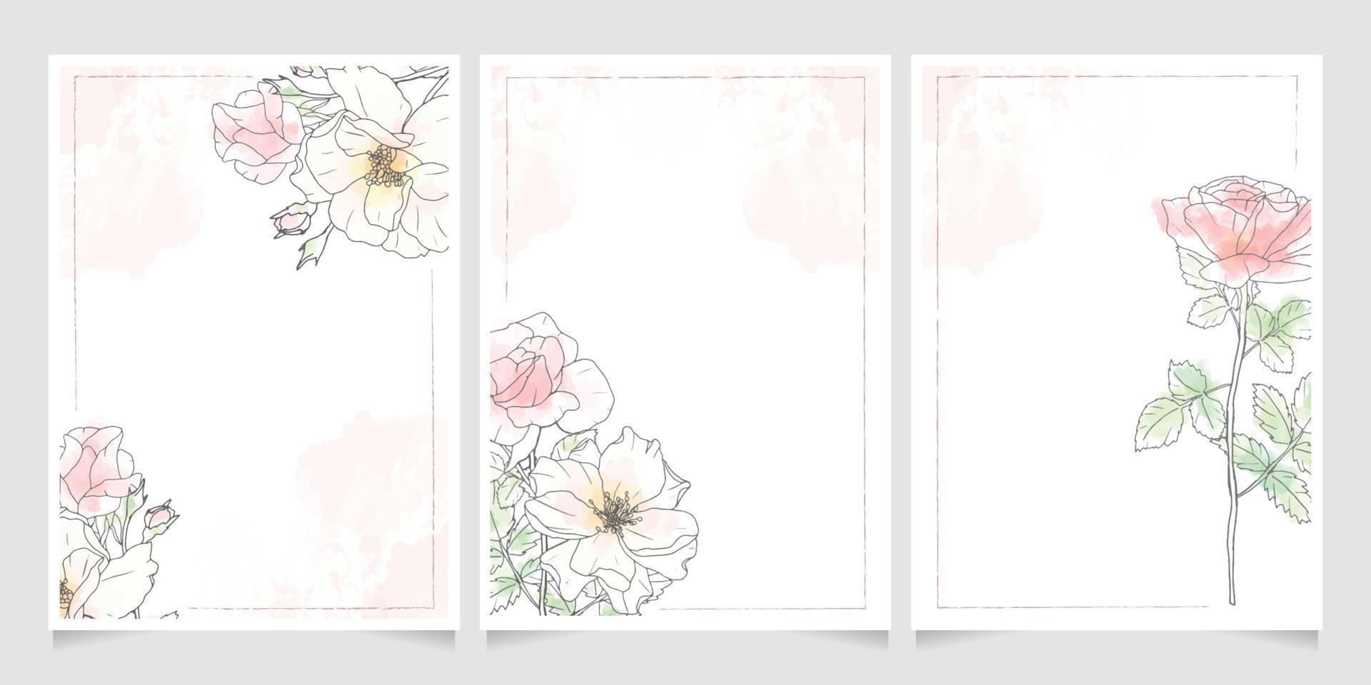 pink loose watercolor line art rose flower bouquet frame 5x7 invitation card wash splash background template collection vector